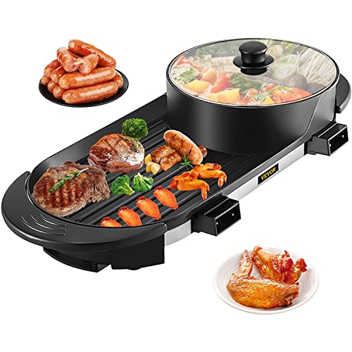 VEVOR 2 in 1 BBQ Grill and Hot Pot with Divider, Aluminum Alloy...